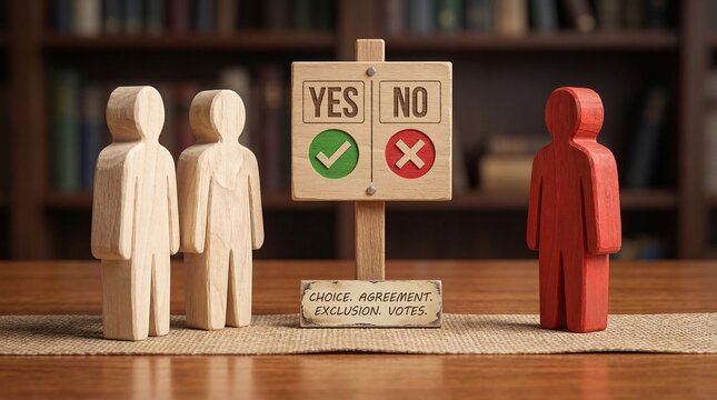 A wooden block displays YES with a green check and NO with a red X, surrounded by figurines, symbolizing decision-making, voting, agreement, disagreement, and choice.