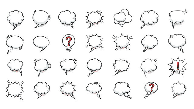 Large collection of diverse comic book style speech and thought bubbles with various shapes and expressions on a white background.