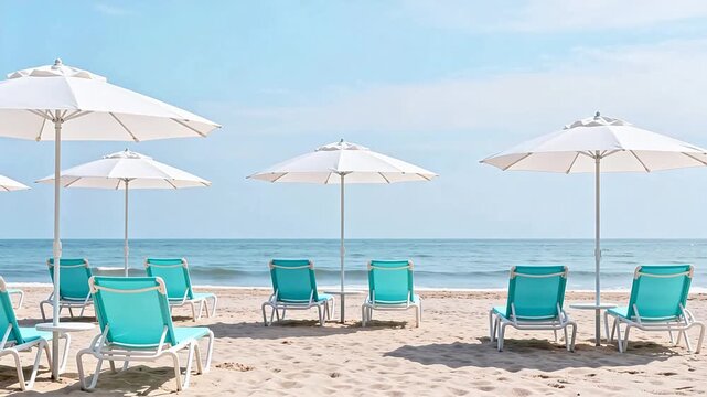Beach chairs and umbrellas on sandy shore