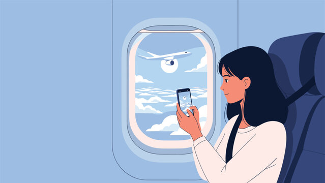 Young woman sitting in an airplane seat and taking a photo of another plane flying through the clouds out the window.