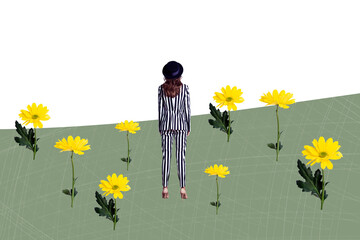 Naklejka premium Creative sketch collage of anonym girl stand back chrysanthemum flower bloom field park walk spring weather weekend holiday