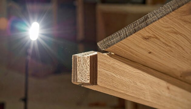 Precise Mortise and Tenon Oak Wood Joint Being Fitted Together in Workshop