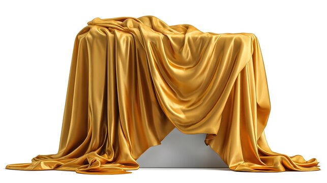Elegant Golden Fabric Draped Over an Unseen Object on a White Background.