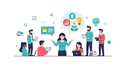 Obraz premium Business Team Collaboration: Leader Presenting Ideas, Strategy, and Growth Concepts. Modern Vector Illustration of Brainstorming and Innovation.