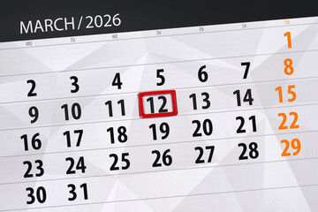 Fototapeta premium Calendar 2026, deadline, day, month, page, organizer, date, March, thursday, number 12
