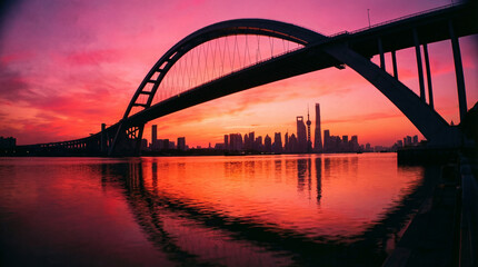 Obraz premium Dramatic Pink Sunset over Shanghai Skyline and Lupu Bridge
