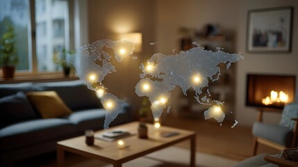 Fototapeta premium Holographic world map with glowing connections superimposed over a cozy living room interior