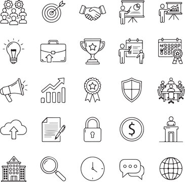 Set of 25 business icons vector, line style, black and white