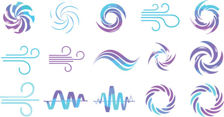 Fototapeta premium Abstract wind swirl and airflow motion elements with spiral breeze symbols, wave lines and dynamic air movement decorative vector illustration set