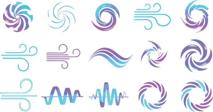 Abstract wind swirl and airflow motion elements with spiral breeze symbols, wave lines and dynamic air movement decorative vector illustration set