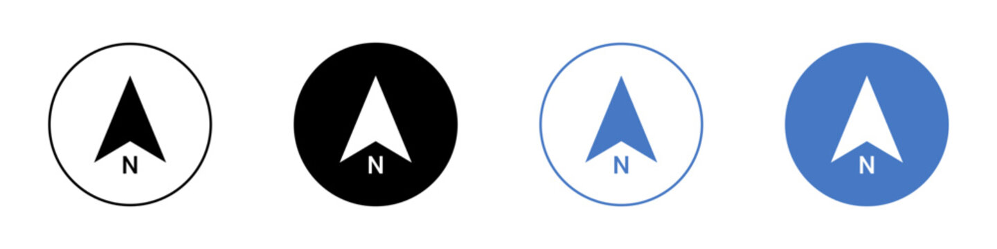 North direction compass needle icons with 'N' in various circular designs, for navigation.
