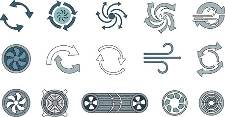 Airflow circulation and ventilation fan icon set with rotating arrows, turbine blades, air movement symbols and cooling system vector illustration © AdhinChandra