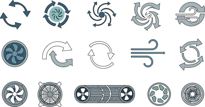 Airflow circulation and ventilation fan icon set with rotating arrows, turbine blades, air movement symbols and cooling system vector illustration