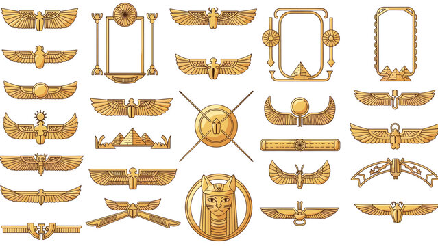 Large collection of ancient Egyptian symbols including winged scarabs, pyramids, and feline deities is rendered in a gold metallic style.