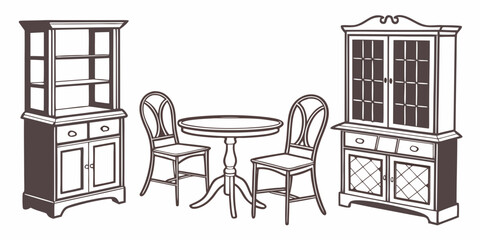 A vintage dining set with a table, chairs, and a cabinet in a classic style. © Mamun