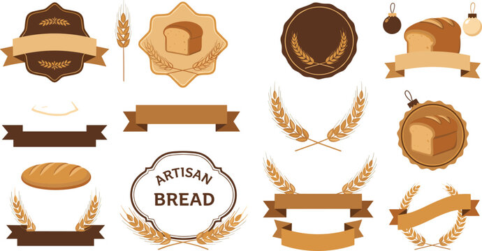 Artisan bread bakery badges and labels set with wheat wreaths, ribbon banners and rustic bread logo elements vector illustration