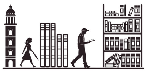 A man and a woman walking through a library with tall bookshelves and a clock tower. © Mamun