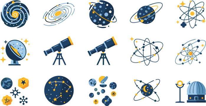 Astronomy and space science icon set with telescopes, planets, galaxies, atom models, constellation stars and observatory research vector illustration