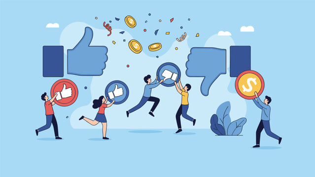 Team of people interacting with social media like and dislike icons along with golden dollar coins representing engagement and monetization.