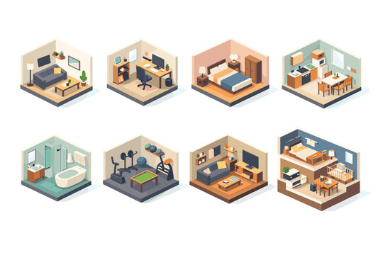 Isometric 3D House Interior Rooms.