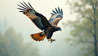 Fototapeta premium Bird of prey with open wings soars over blurred trees. Raptor has brown and white feathers, sharp claws ready. Majestic animal in natural habitat, wildlife scene.