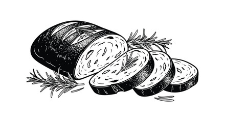 A detailed black and white illustration shows sliced sausage with rosemary sprigs presented as a striking silhouette © Jahid