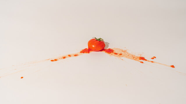 Fresh cherry smashed tomato on a light background. Concept of death
