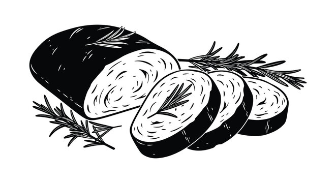 A striking black and white illustration depicts sliced meatloaf with rosemary sprigs showcasing a bold silhouette high quality