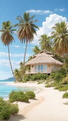 Fototapeta premium Tropical bungalow nestled among palm trees on sandy shore, all-inclusive family accommodation, private tranquil stay, digital illustration.