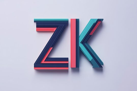 A 3D rendering of the letters ZK in a bold modern font with pink and blue accents on a gray background