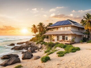 Fototapeta premium Wooden eco villa with solar panels, coastal sunset, solar energy resort, sustainable summer tourism, green accommodation, digital illustration.
