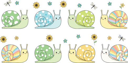Cute kawaii snail vector character set with colorful patterned shells flowers and dragonflies for kids nursery decor children stickers and spring nature design projects. © Jannat It Institute