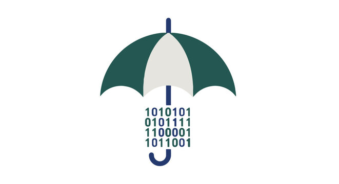 A digital umbrella protects binary code from rain in a futuristic cityscape with Technology and Science elements.