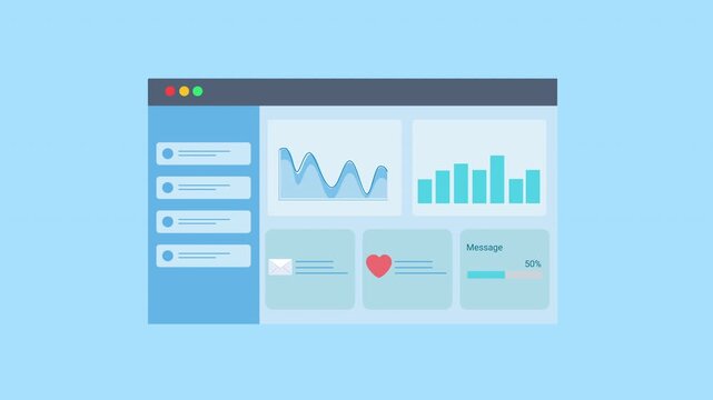 Animated data analytics dashboard interface with charts, graphs, and favorite heart icon. Flat vector motion design representing user engagement, monitoring, and digital business analytics panel.