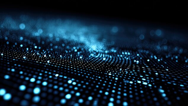Abstract Digital Network of Glowing Blue Particles in Dark Space.