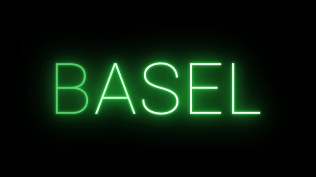 Flickering neon green glowing basel sign animated on black background.