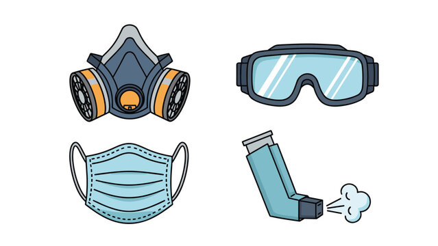 Personal protective equipment collection including a respirator industrial goggles a surgical mask and a blue asthma inhaler icon.