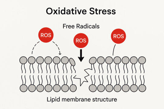 Oxidative stress medical diagram of free radical destabilizing cell lipid membrane. science illustration showing structure damage and biological process of instability