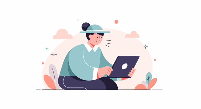 Person wearing hat using laptop, surrounded by abstract shapes and plants