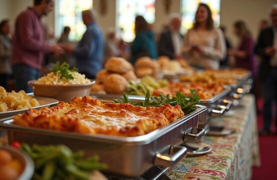 A buffet table with lasagna, potatoes, bread rolls and salad is prepared in a church hall. People gather to share a meal together during a community event.