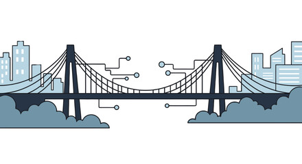 Obraz premium A futuristic suspension bridge connects the city skyline with a network of lines and nodes, showcasing a blend of architecture and technology in a daytime urban landscape.