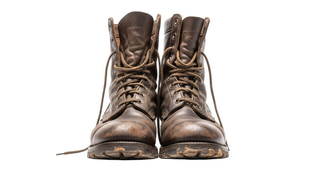 Authentic worn leather military combat boots with laces isolated on white background vintage style