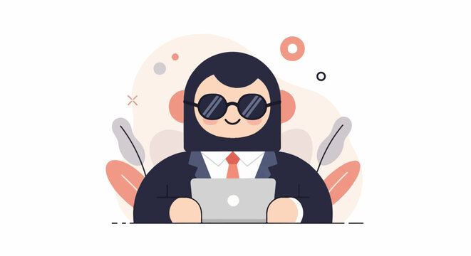 Animated character in suit and sunglasses using a laptop