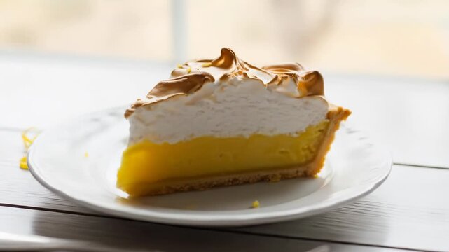 A slice of lemon meringue pie on a white plate with a fork on a wooden table
