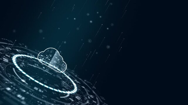 Motion graphic of cloud computing icon on a futuristic HUD, featuring cloud security, data storage, and digital technology for business presentations, tech branding, and website backgrounds.
