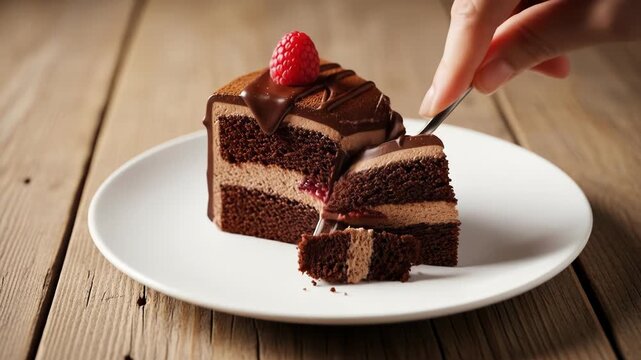 A slice of chocolate cake with a bite taken out on a white plate