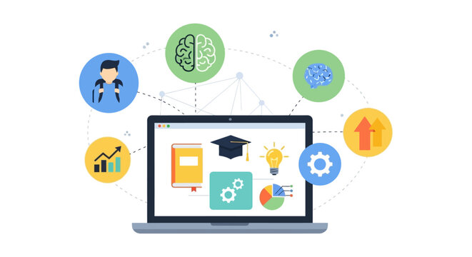Online Education and E-Learning Platform Concept. Digital knowledge transfer, academic success, and skill development illustration on laptop.