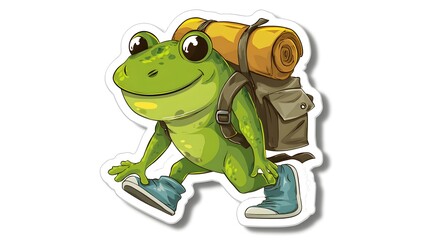 Obraz premium Cute cartoon frog adventurer with backpack on a journey.