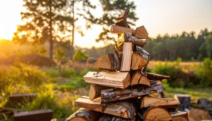 Artfully Stacked Firewood With Varying Log Sizes Arranged for Outdoor Heating Preparation