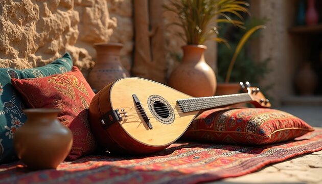 Traditional oud rests on colorful cushions and patterned rug. Clay pots and plant add decor. Sunlight illuminates old instrument with strings. Middle eastern music concept.